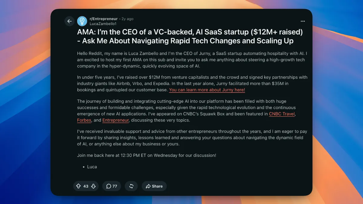 A founder hosting an AMA on r/Entrepreneur, introducing themselves and inviting questions