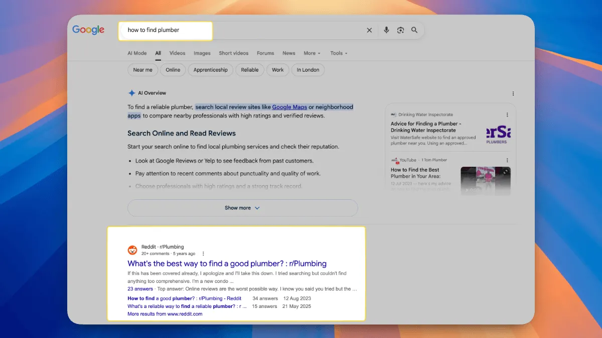 Google search for 'how to find plumber' showing an AI Overview and a highlighted Reddit r/Plumbing thread