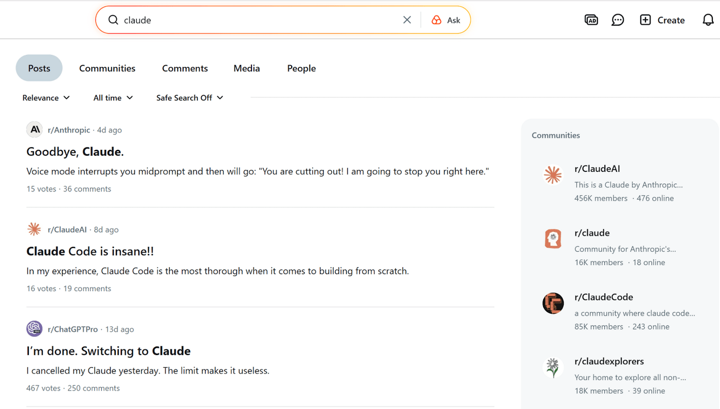 Searching Reddit directly for a brand name, showing matching posts and relevant communities